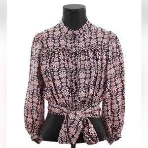 🌸🖤Sandro Silk Pink and Black Puff Sleeve Blouse with Tie Front size 2 / US 4/6